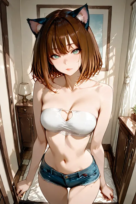 Masterpiece, best quality, ultra-detailed, 8k, rich-contrast.

A gothic-influenced catgirl, feminine curves, beautiful decollete, softly shining skin, collarbone-length chestnut-brown hair with smooth, beautiful eyes, delicate lips, cat ears matching hair ...