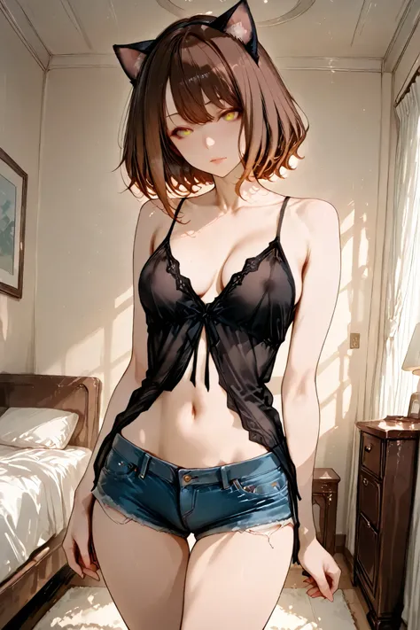 Masterpiece, best quality, ultra-detailed, 8k, rich-contrast.
A gothic-influenced catgirl, feminine curves, beautiful decollete, softly shining skin, collarbone-length chestnut-brown hair with smooth, beautiful eyes, delicate lips, cat ears matching hair ...