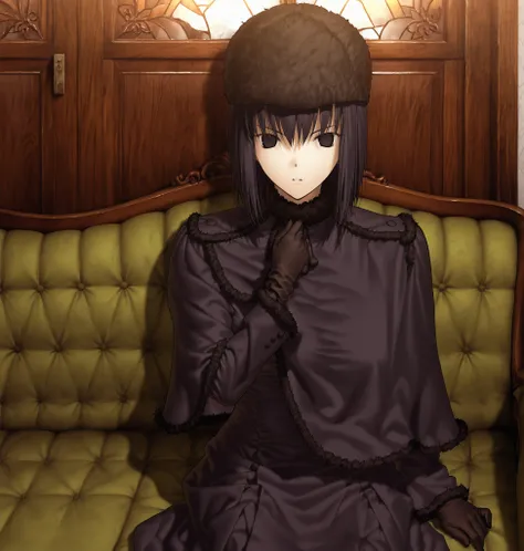 Witch on the Holy Night Style,Kuonji Alice,1girl, solo, gloves, black hair, dress, black eyes,(no pupils), black gloves, capelet, short hair, black dress, sitting, fur trim, ushanka, , looking at viewer, black capelet, hand up, parted lips, ,sitting, green...