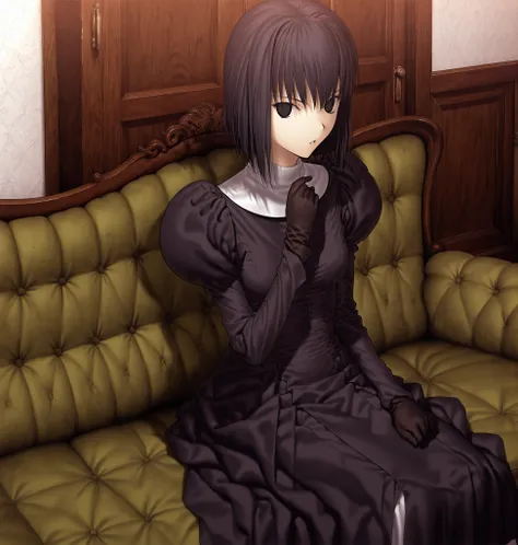 Witch on the Holy Night Style,Kuonji Alice,1girl, solo, gloves, black hair, dress, black eyes,(no pupils), black gloves, ,short hair, sitting, looking at viewer, , hand up, parted lips, Alice_Uniform, black dress, long sleeves, juliet sleeves, habit ,nun, ...