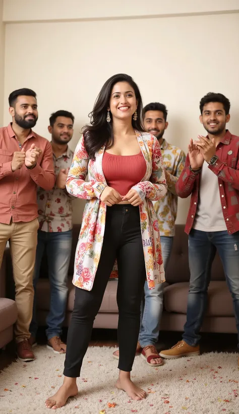 A simple but warm celebration scene at a modern Indian household. The scene shows 5-7 characters with a fun and caring woman in the center with a happy surprised expression, the woman is a very beautiful 38 year old mother, with simple hairstyle, big natur...