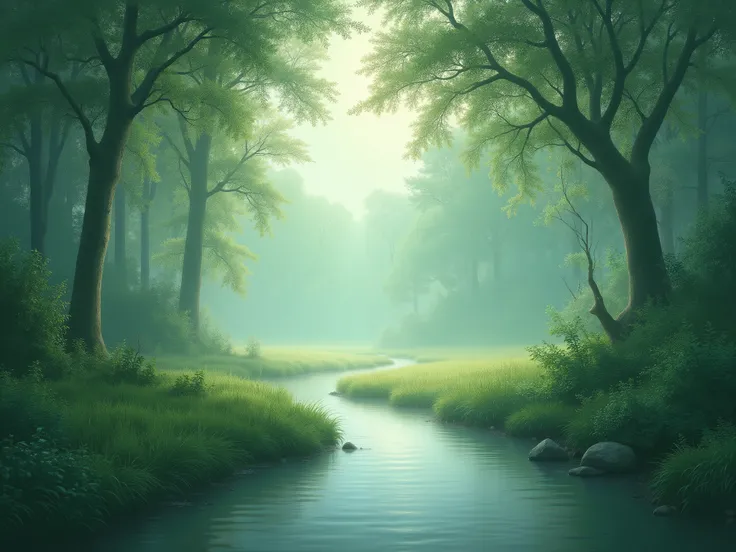 Peaceful forest, green pastel colors, sunshine, little river,