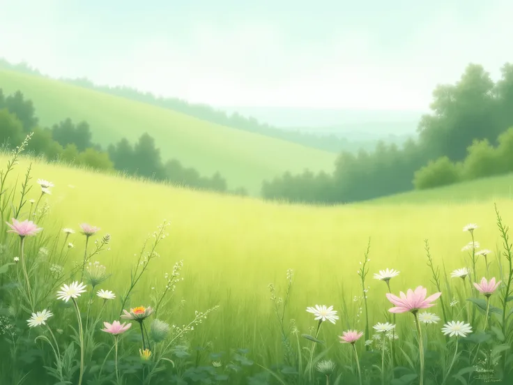Peaceful meadow, little flowers, pastel colors,