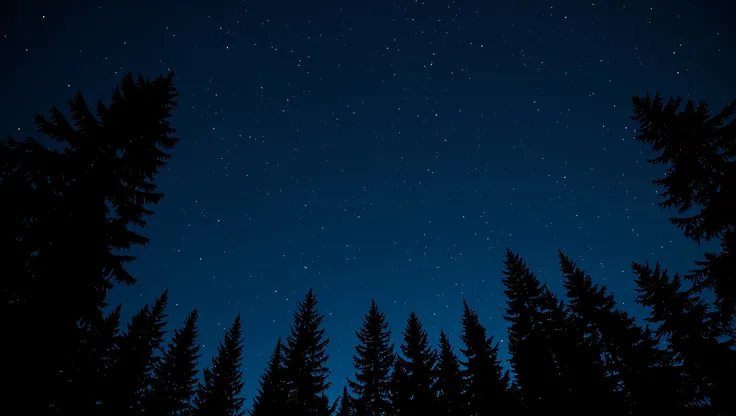 A realistic photo of a clear November night sky seen through the sparse silhouettes of tall conifer trees. The thin branches and needles create delicate patterns, allowing countless stars to shine vividly through the gaps. The Milky Way is faintly visible,...