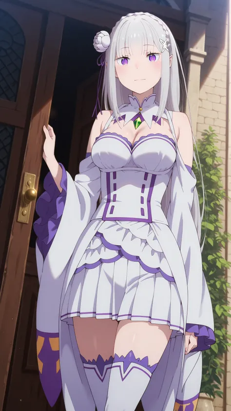 anime screencap, masterpiece, best quality, 1girl, solo, light smile, blush, crown braid, blunt bangs, long hair, grey hair, purple eyes, slit pupils, blue pupils, pointy ears, x hair ornament, hair flower, white rose, white collar, green gemstone, bare s...