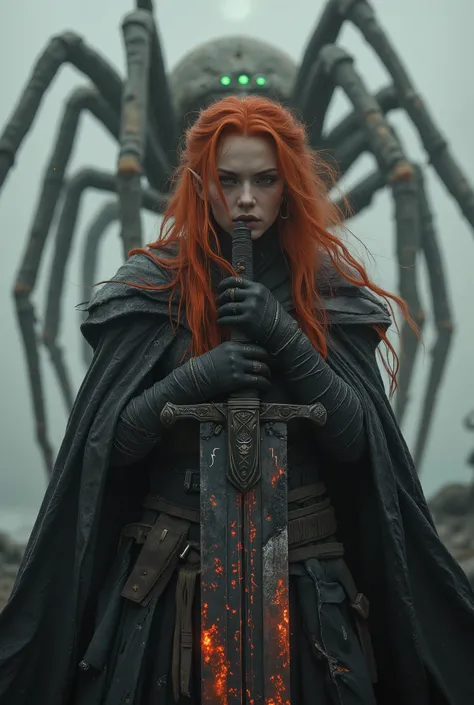 An ultra-realistic dark fantasy cinematic portrait of a red-haired elven warrior standing in a fog-shrouded wasteland. Her long fiery hair flows like living flame around her face, revealing finely shaped elven ears adorned with silver rings and ancient run...