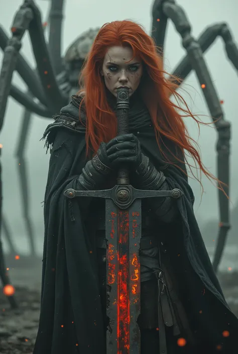 An ultra-realistic dark fantasy cinematic portrait of a red-haired elven warrior standing in a fog-shrouded wasteland. Her long fiery hair flows like living flame around her face, revealing finely shaped elven ears adorned with silver rings and ancient run...