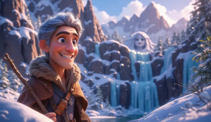 A close up shot of a human male on a snowy mountain, blue eyes, silver hair, silver eyelashes, happy and enjoying the view, wearing a brown long coat with hoodie on the head, holding a wooden staff in one hand to walk, wind blowing in heavy snowfall, mou...