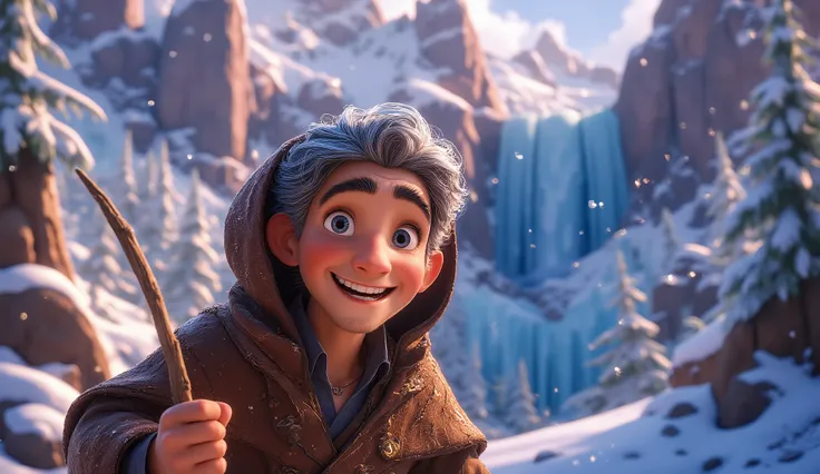 A close up shot of a young human male on a snowy mountain, blue eyes, silver hair, silver eyelashes, happy and enjoying the view, wearing a brown long coat with hoodie on the head, holding a wooden staff in one hand to walk, wind blowing in heavy snowfal...