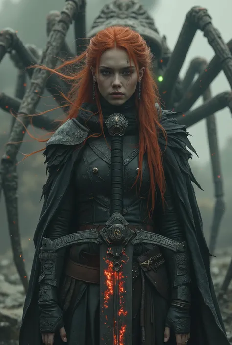 An ultra-realistic dark fantasy cinematic portrait of a red-haired elven warrior standing in a fog-shrouded wasteland. Her long fiery hair flows like living flame around her face, revealing finely shaped elven ears adorned with silver rings and ancient run...