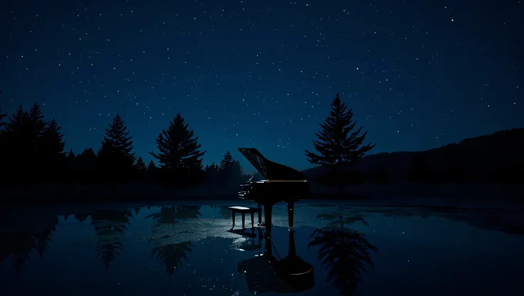 A realistic night photograph of a black grand piano standing on damp ground that reflects the starry November sky above. Countless stars shimmer both in the sky and in the shallow water on the ground, creating a mirror-like effect. Sparse conifer trees fra...
