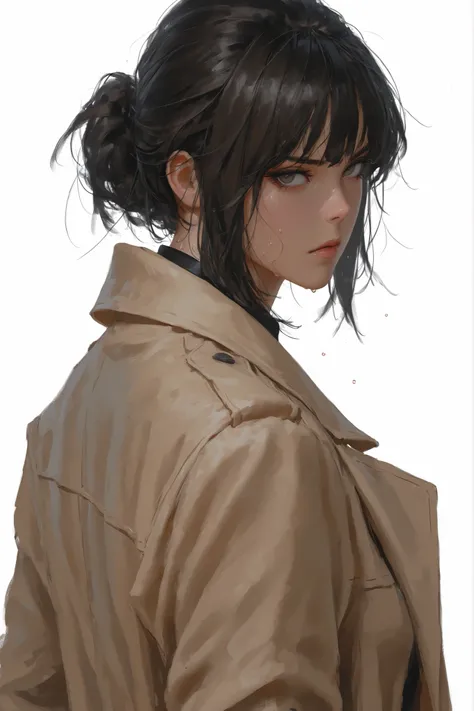 1girl, solo centered, female spy, sweaty, solid white background, solid background, blank background, looking back, trenchcoat, elegant, serious, harsh cast shadow, dramatic lighting, Korean comic style , semi-realistic art , semi-realistic art style , exp...