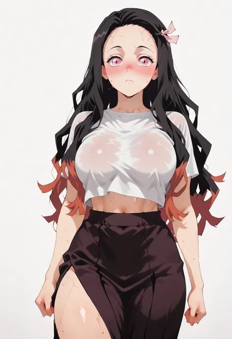 score_9, score_8_up, score_7_up, source_anime, sweat, sweaty, large breasts, looking at viewer, standing, sweay:1.3,, navel, midriff,, large breasts, nose blush, solo, female, thick thigh, thick thighs, sweat, sweaty, sweaty:1.3, white background, simple b...