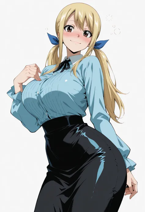 score_9, score_8_up, score_7_up, source_anime,  lucy heartfilia, long hair, blonde hair, large breasts, brown eyes,,, blue hair ribbon,, blush, drunk,, , looking at viewer,, , solo,, large breasts, big ass, thick thigs, wide hips, slim waist, mature body, ...