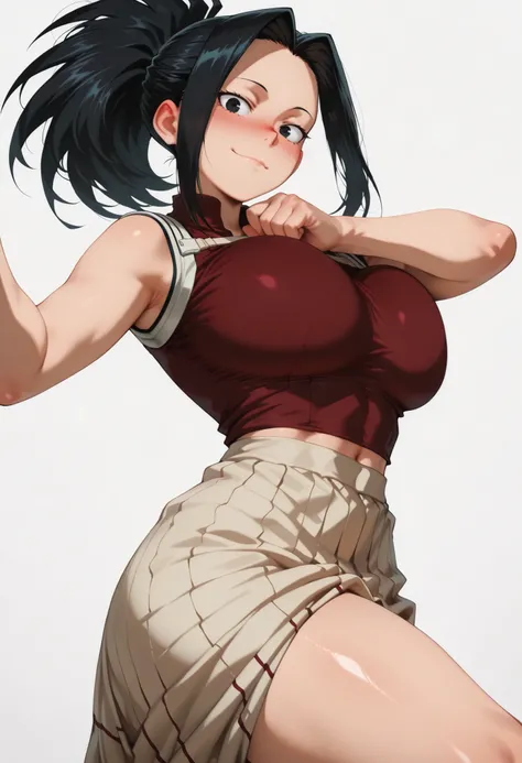 nose blush, shiny legs, shiny body, shiny hair, clear skin, clear body, short hair,, white background, simple background, standing, (masterpiece), best quality, expressive eyes, perfect face,1girl,(large breasts),, nose blush, looking at viewer,, nice legs...