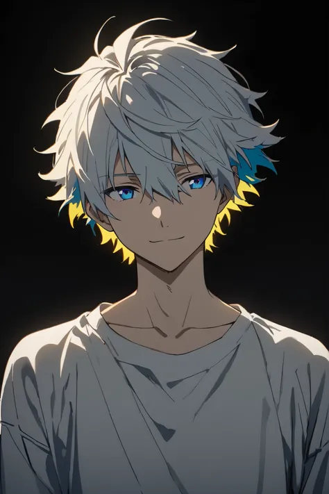 [(Black BACKGROUND:1.5),::5], ((masterpiece)), high quality, ultra very high resolution, full color, ((solo)), ((adult male)), ((men's white Short hair), (inner hair yellow), (blue eye.), light smile, anime, (upper body), (DARKNESS EFFECT:1)