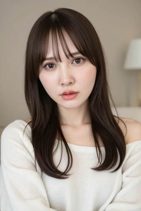This photo captures a beautiful Japanese woman.
off shoulder sweater, white cable knit, close up, skinny, big cleavage.
The image is very high resolution, with clear skin texture.
The focus is very sharp and focused on her face.
This is an ultra-high reso...