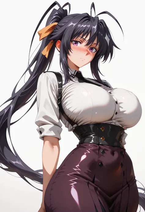cowboy shot of ((large breast)), ((Thicc)), (()), (wide hips), 1girl, akeno himejima, long hair, black hair, ribbon, very long hair, purple eyes, hair ribbon, ponytail, antenna hair, looking at viewer, shiny skin, shiny hair, shiny body, clear body, nose b...