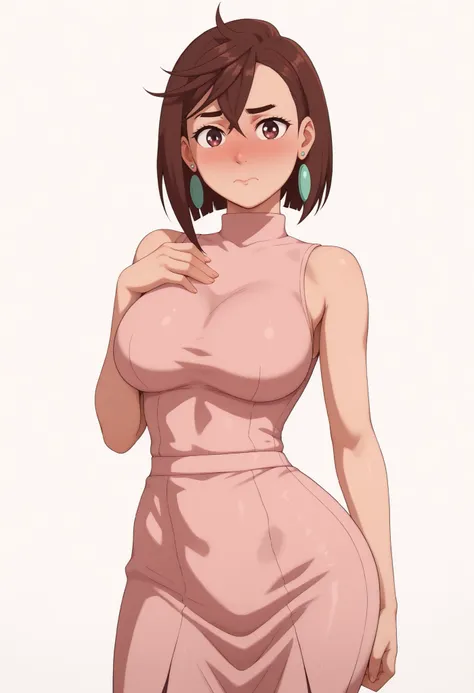momo ayase, posing embarrassed , red face , short hair, brown hair, brown eyes, bangs, thick eyebrows, large breasts,, shy expression, blushing cheeks, detailed shading, soft shadows,, anime style, high detail, clean background. ,, alone, earrings, nose bl...