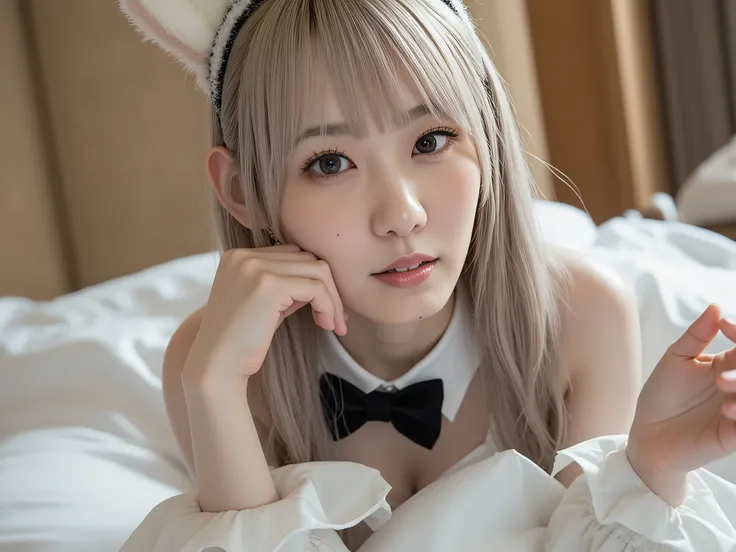 High Fine、Ultra HD、(((masterpiece, Highest Quality:1.2, Ultra Detailed, beautiful, 8k, Realistic))),full body, highly detailed photo of a beautiful Asian woman dressed in a shiny black corset bunny suit. she wears a black rabbit ear headband, black bow tie...