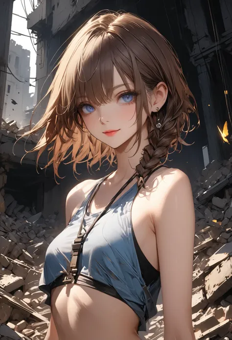 Transcendental Beautiful Girl Warrior、Amazing Hunter with Sharp Movements、Skilled Hunter Hunting for Insects、Inside the Ruins of a Ruined Earth、Buried in rubble、brown hair，shortcuts，unkempt hair，Short braided hair，Neat，slender beauty，correct attitude，small...