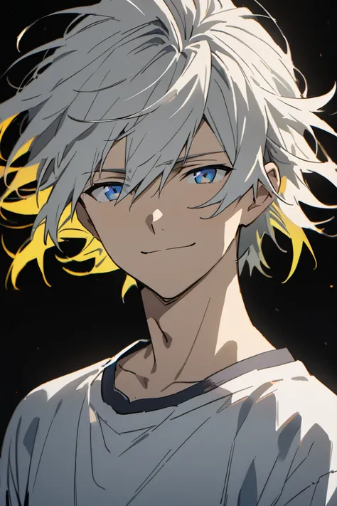 [(Black BACKGROUND:1.5),::5], ((masterpiece)), high quality, ultra very high resolution, full color, ((solo)), ((adult male)), ((men's white Short hair), (streak hair yellow), (blue eye.), light smile, anime, (upper body), (DARKNESS EFFECT:1)