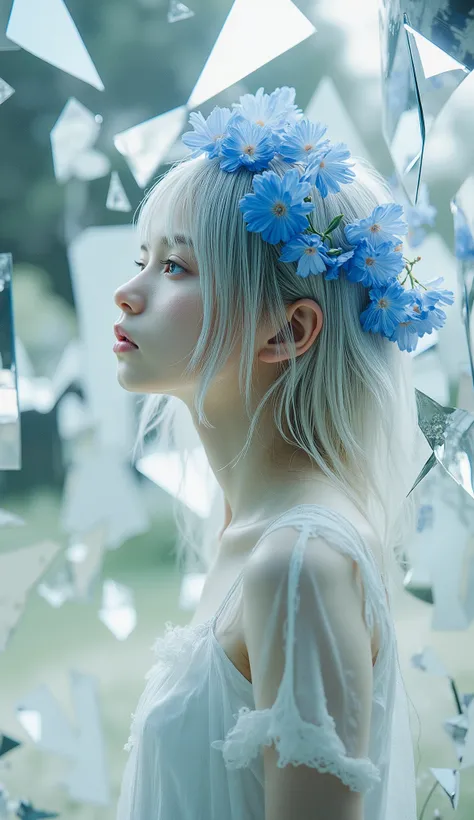 clear_note, side view. Scrawny petite delicate thin 16yo pale silver hair girl with blue flower headdress, no makeup, pale fairy skin, white simple dress. she is looking up to the heavens. surrounded by fragmented mirrors, reflects her in fragments. it's r...