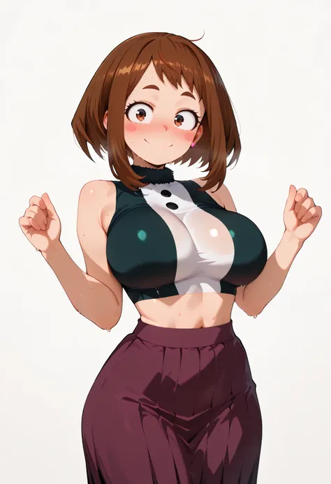(masutepiece, Best Quality, hight resolution,, Perfect Pixel, depth of fields, 4K), Beautiful anime girl, Perfect body , uraraka ochako ,, ,,, cleavage, navel,, , , jewelry, , , sweat, , ,looking at viewer, , , ,, smile, , blush, with an extremely curvy an...