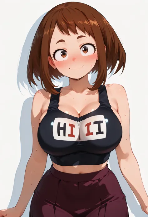 (masutepiece, Best Quality, hight resolution,, Perfect Pixel, depth of fields, 4K), Beautiful anime girl, Perfect body , uraraka ochako ,, ,,, cleavage, navel,, , , jewelry, , , sweat, , ,looking at viewer, , , ,, smile, , blush, with an extremely curvy an...