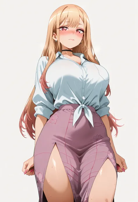 marin kitagawa, large breast, thic thigh,, multicolored hair, blonde hair, long hair, magenta eyes, ear piercing, earrings, pink nails, makeup,, nice legs, looking at viewer, solo, looking at viewer, nose blush, shiny legs, shiny body, shiny hair, clear sk...