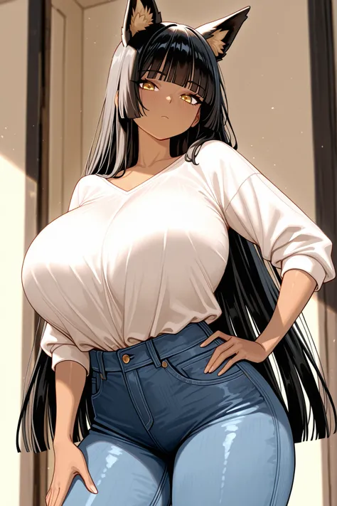 sekhmetofdeath, dark skin, hime cut, 1 girl, black hair, gold eyes, giant breasts, dog ears, casual clothes, shirt, jeans, hand on hip, head raised looking at viewer