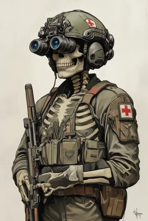 Skeleton, military uniform,wearing on head n0ds  dual-tube panoramic optical device two cylindrical lenses attached to the front of the helmet with integrated hearing protection,Alphonse Mucha Style, skeleton holding m4, Red Cross medic symbol on helmet