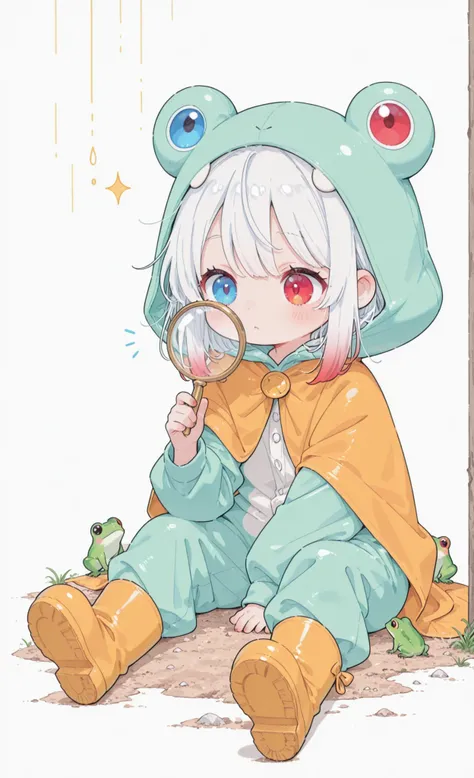 Melys Chibi, masterpiece, best quality, ultra-detailed:1.3, chibi style, 1girl, solo, pure white hair with soft gradient red tips, heterochromia crimson red right eye:1.3 and ice blue left eye:1.3, fair skin, wearing bright green frog onesie with yellow ca...