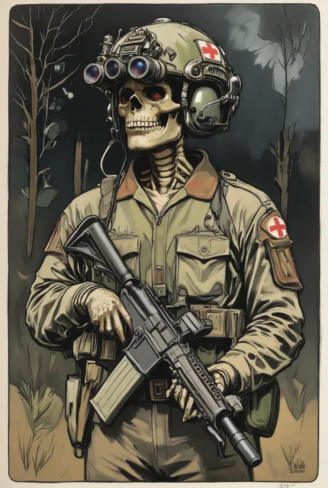 Skeleton, military uniform,wearing on head n0ds  dual-tube panoramic optical device two cylindrical lenses attached to the front of the helmet with integrated hearing protection, tubes over each eye socket, Alphonse Mucha Style, skeleton holding m4a1 assau...
