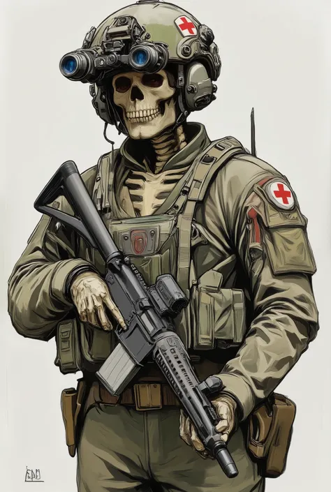 Skeleton, military uniform,wearing on head n0ds  dual-tube panoramic optical device two cylindrical lenses attached to the front of the helmet with integrated hearing protection,Alphonse Mucha Style, skeleton holding m4a1 assault rifle, Red Cross medic sym...