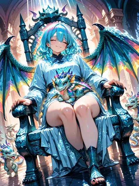 Frontal angle, (masterpiece, 4K, ultra-detailed, vivid, bright and vibrant colors, dynamic pose, professional angle), {1 woman}:(an androgynous woman, with long and beautiful legs, reptilian cyan eyes, small and round face with chubby cheeks, long blue hai...