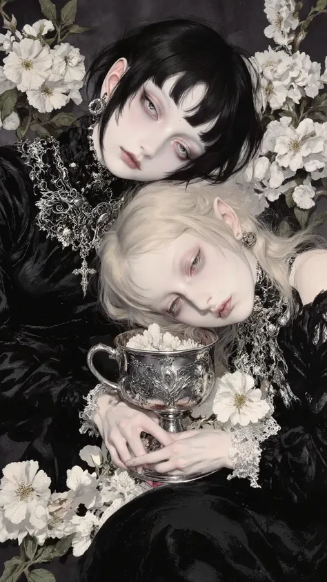 Fantasy-like illustration,meticulously detailed,2 girls,Pale skin,A gaunt,skinny, anorexic girl, resembling twins, are resting their heads on each other's laps.,black hair girl and blonde hair girl,holding ,Wearing ornate accessories and a girlish black dr...