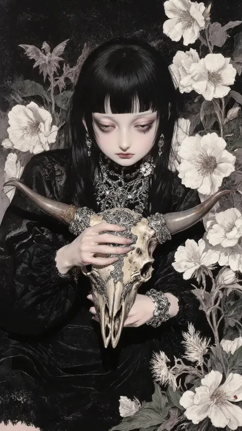 Fantasy-like illustration,angle from front,1 girl,solo,Beautiful long black hair,very short bangs,Hugging Silver-decorated ox skull,Wearing ornate accessories and a girlish black dress,lying down,Against a backdrop of beautiful white flowers in full bloom,...
