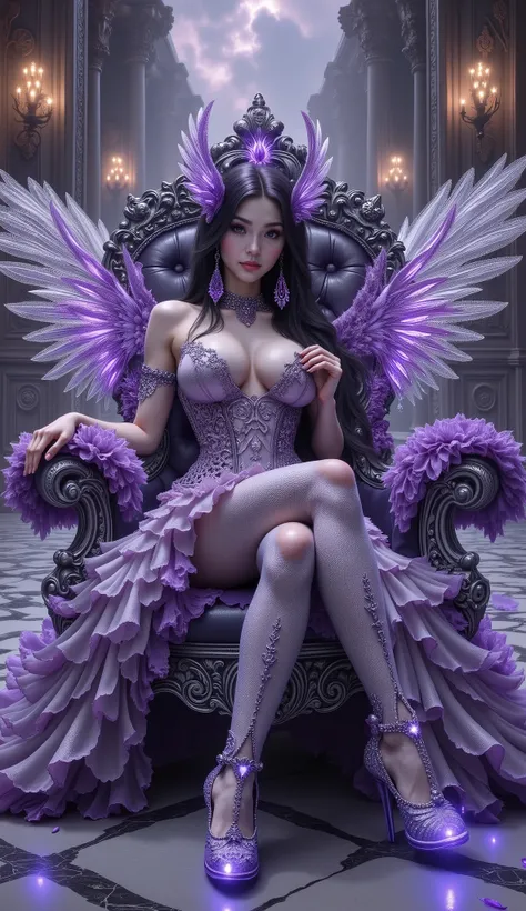purple fairy sitting on a throne with wings and purple shoes, a beautiful fantasy empress, beautiful fantasy art, fantasy woman, 4k fantasy art, amazing fantasy art, very beautiful fantasy art, hd fantasy art, detailed fantasy art, beautiful fantasy maiden...