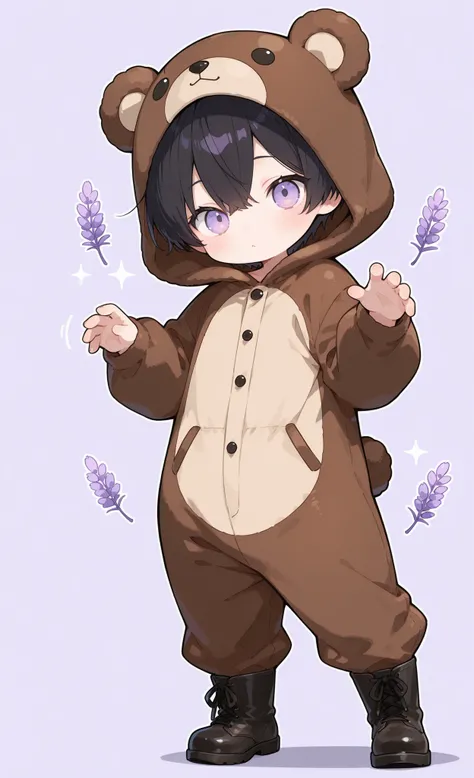 Kuma, masterpiece, best quality, ultra-detailed:1.3, chibi style, 1boy, male, solo, short black hair, lavender eyes, wearing brown bear onesie, bear hood, black boots