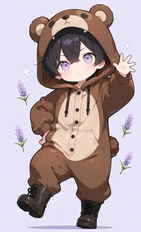 Kuma, masterpiece, best quality, ultra-detailed:1.3, chibi style, 1boy, male, solo, short black hair, lavender eyes, wearing brown bear onesie, bear hood, black boots