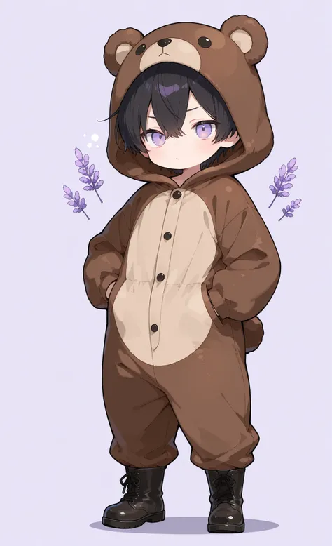 Kuma, masterpiece, best quality, ultra-detailed:1.3, chibi style, 1boy, male, solo, short black hair, lavender eyes, wearing brown bear onesie, bear hood, black boots
