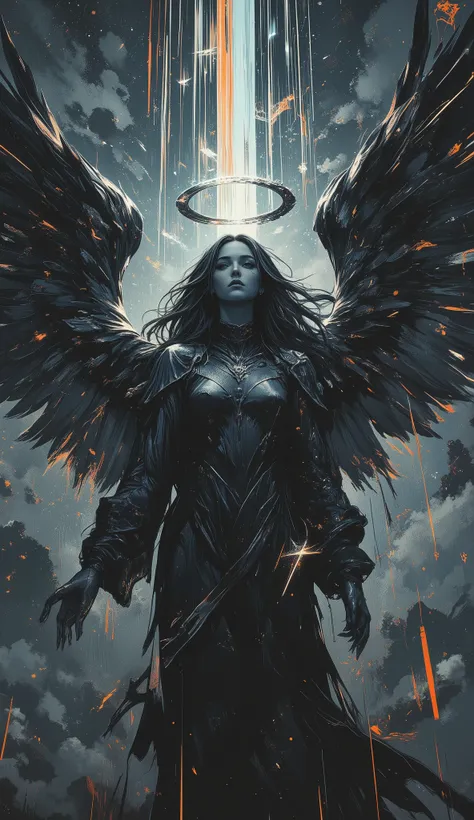 glitch,abstract,surreal,pscho_4rt,MoodyGirls,Striking low-angle composition of a serene yet powerful angel flying directly overhead, her enormous, detailed wings filling the frame from edge to edge. Her face is partially shadowed but shows calm determinati...