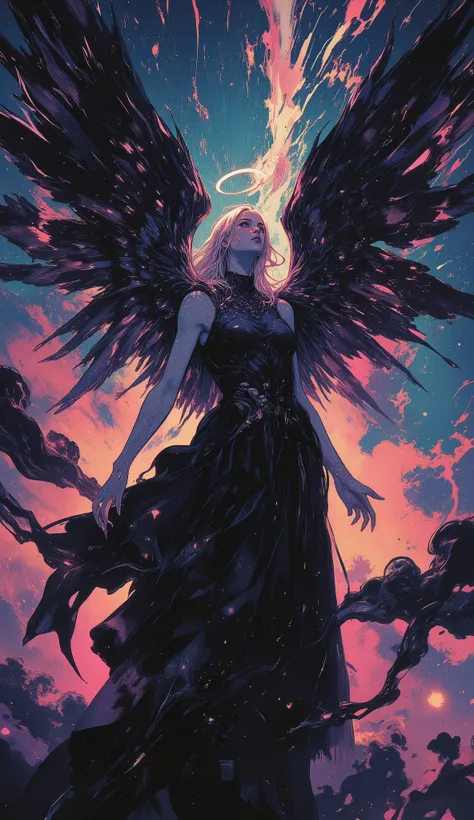 glitch,abstract,surreal,pscho_4rt,MoodyGirls,Striking low-angle composition of a serene yet powerful angel flying directly overhead, her enormous, detailed wings filling the frame from edge to edge. Her face is partially shadowed but shows calm determinati...