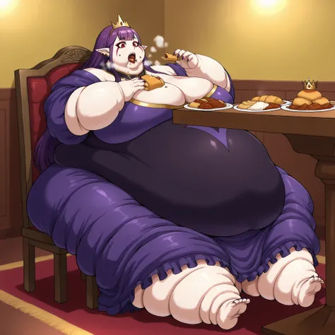 1girl, solo, open mouth, fangs, long hair, purple hair, red eyes, facial mark, pointy ears, earrings, Esil, royalty, dress, crown, makeup, lipstick, painted nails, fat, chubby, obese, fat neck, multiple chins, big breasts open mouth, out of breath, Larger ...