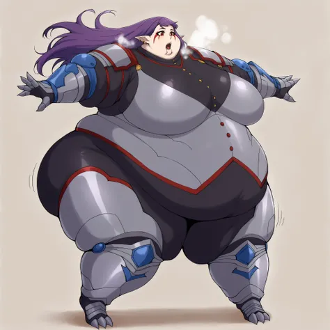 1girl, solo, open mouth, fangs, floating hair, long hair, purple hair, red eyes, facial mark, pointy ears, earrings, EsilGreyArmor, black bodysuit, red trim, buttons, grey armor, blue elbow pads, gauntlets, greaves, fat, chubby, obese, fat neck, multiple c...