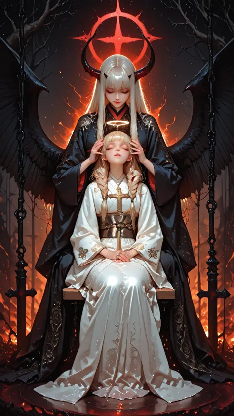 Surrealist oil painting, top three-quarter view: a mysterious She-Devil with elegant black and crimson horns and large, outstretched black wings — one torn and bandaged — sits gracefully on a Victorian-style wooden swing in a dreamlike playground surrounde...