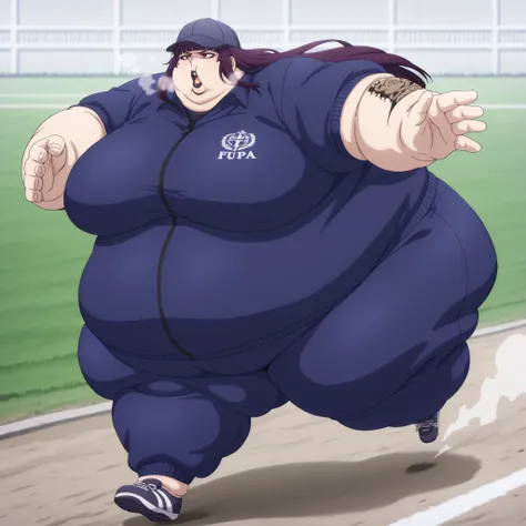 kanae_tawata_pm, purple hair, long hair, (arm tattoo:0.8), large breasts, black lips, blunt bangs, red eyes, baseball cap,large breasts, running, outside, field, tracksuit, shoes, fat, chubby, obese, fat neck, multiple chins, big breasts open mouth, out of...