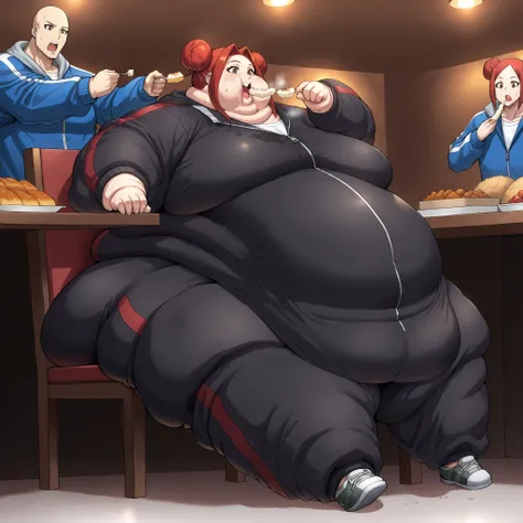 akari_shimizu_sl, red hair, double bun, parted hair, hair intakes, brown eyes,large breasts, sweating, wet, sweat stains, tracksuit, shoes, fat, chubby, obese, fat neck, multiple chins, big breasts open mouth, out of breath, Larger female, full body shot, ...