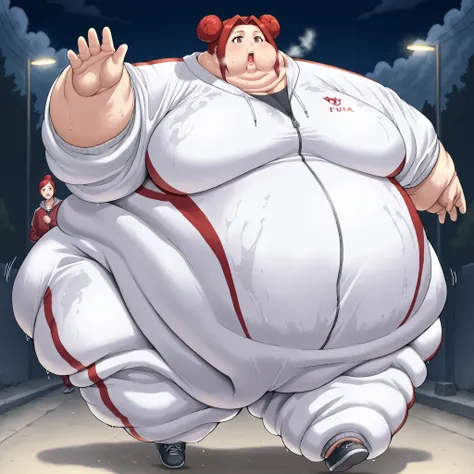 akari_shimizu_sl, red hair, double bun, parted hair, hair intakes, brown eyes,large breasts, sweating, wet, sweat stains, tracksuit, shoes, fat, chubby, obese, fat neck, multiple chins, big breasts open mouth, out of breath, Larger female, full body shot, ...